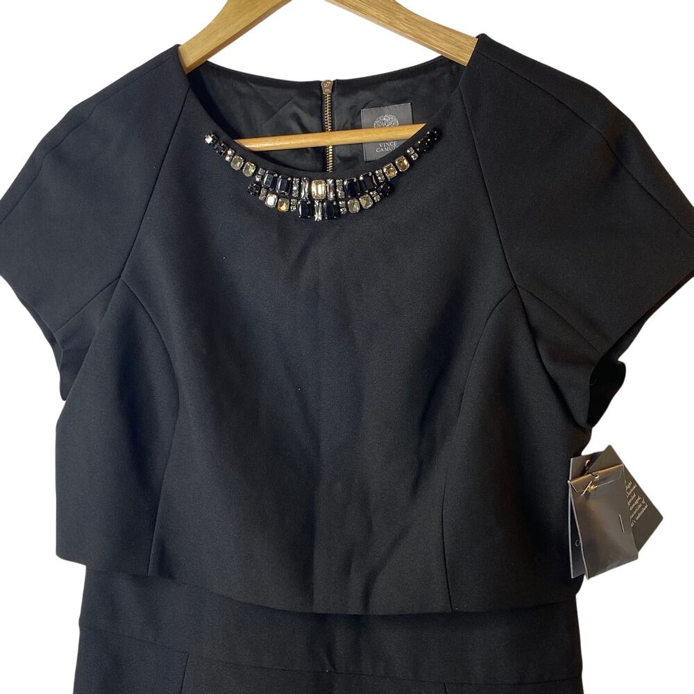 Vince Camuto Black Embellished-Neck Pop-Over Fit-and-Flare Dress Women's 8 NEW - Picture 11 of 14